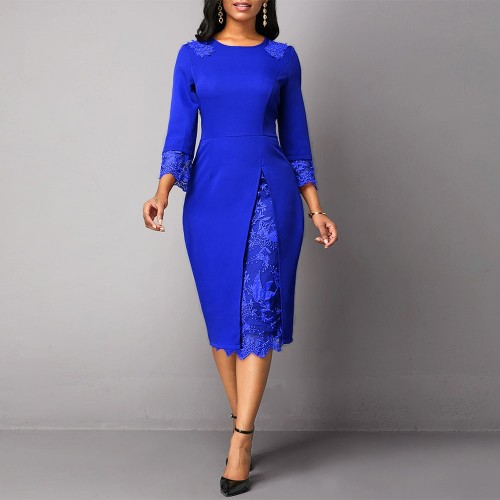 Elbow Length Sleeves Ladies Lace Stitch Knee Length Gown - Blue image