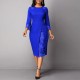 Elbow Length Sleeves Ladies Lace Stitch Knee Length Gown - Blue image