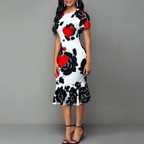 Classy Round Neck Short Sleeve Midi Print Dress - White image