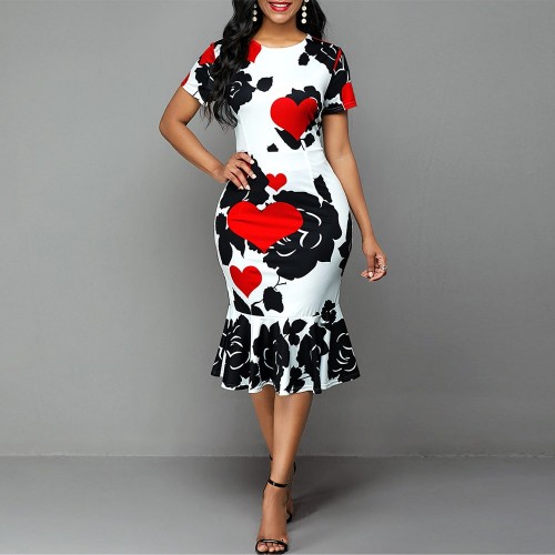 Classy Round Neck Short Sleeve Midi Print Dress - White image