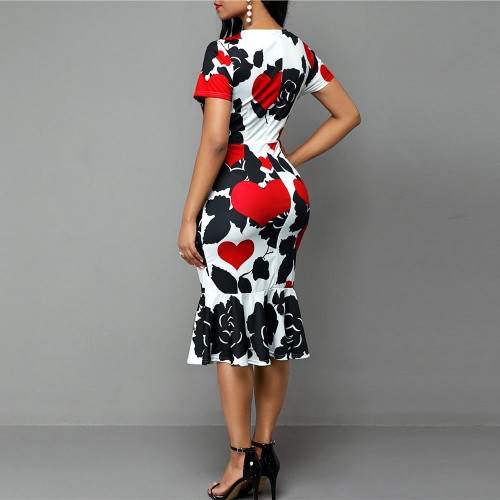 Classy Round Neck Short Sleeve Midi Print Dress - White image