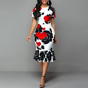 Classy Round Neck Short Sleeve Midi Print Dress - White