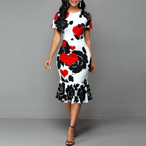 Classy Round Neck Short Sleeve Midi Print Dress - White image