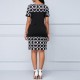 Women's Round Neck Geometric Print And Plain Short Dress - Black image