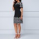 Women's Round Neck Geometric Print And Plain Short Dress - Black image