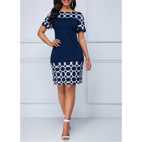 Women's Round Neck Geometric Print And Plain Short Dress - Blue image
