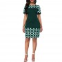 Women's Round Neck Geometric Print And Plain Short Dress - Green