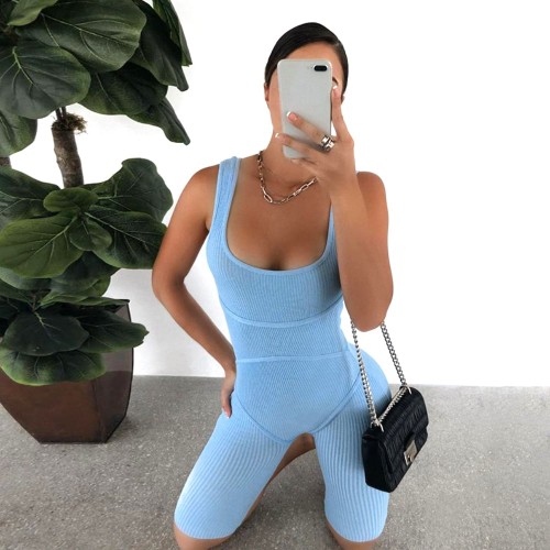 Knitted Sleeveless Sport Style Midi Jumpsuit for Women - Blue image