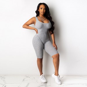 Knitted Sleeveless  Sport Style Midi Jumpsuit for Women - Grey	