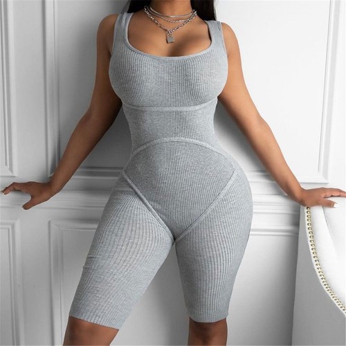 Knitted Sleeveless Sport Style Midi Jumpsuit for Women - Grey image