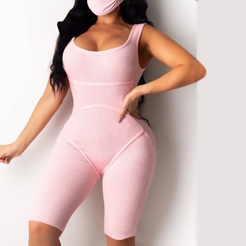 Knitted Sleeveless Sport Style Midi Jumpsuit for Women - Pink image