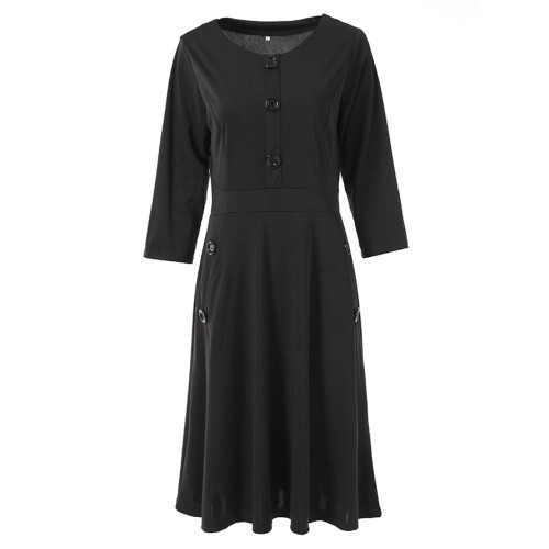Solid Color Buttoned Long Sleeved A-Line Women's Dress - Black image