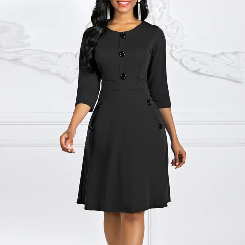 Solid Color Buttoned Long Sleeved A-Line Women's Dress - Black image
