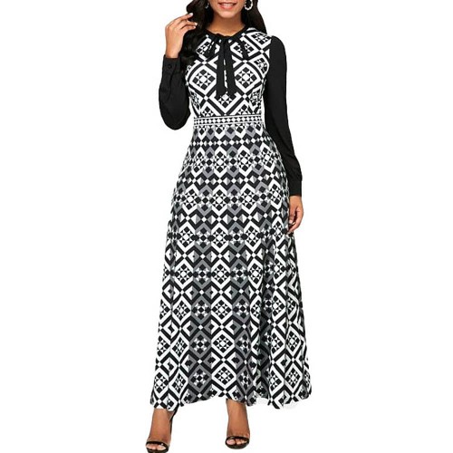 Round Neck High Waist Printed Maxi Dress for Women - Black image