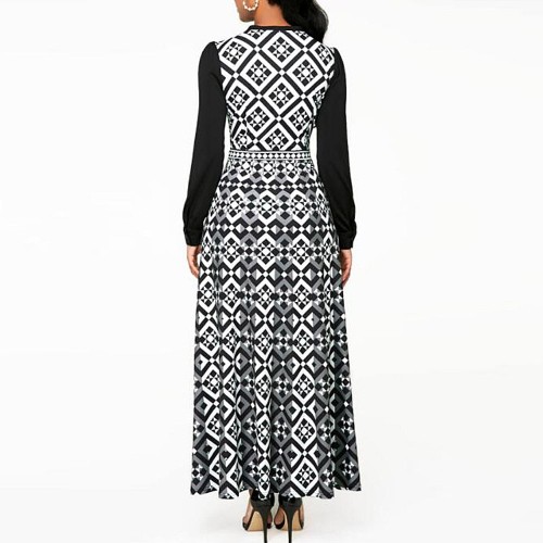 Round Neck High Waist Printed Maxi Dress for Women - Black image