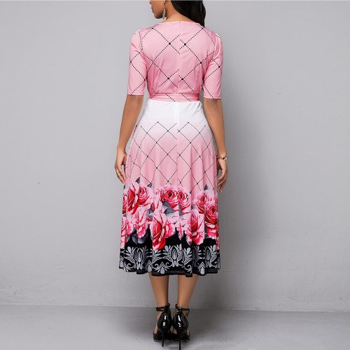 Round Neck Floral Style Printed Maxi Dress - Pink image
