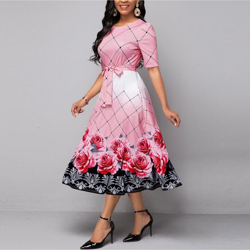 Round Neck Floral Style Printed Maxi Dress - Pink image