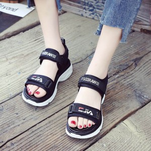 Thick Rubber Soled Velcro Closing Sandals for Women - Black