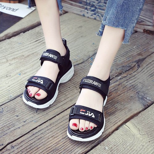 Thick Rubber Soled Velcro Closing Sandals for Women - Black
