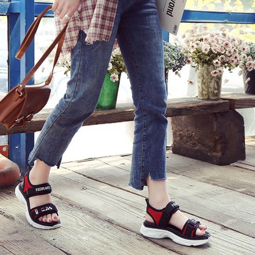 Thick Rubber Soled Velcro Closing Sandals for Women - Red image