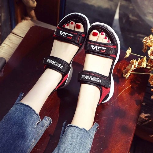 Thick Rubber Soled Velcro Closing Sandals for Women - Red image