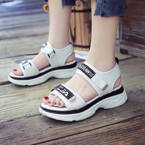 Thick Rubber Soled Velcro Closing Sandals for Women - White image