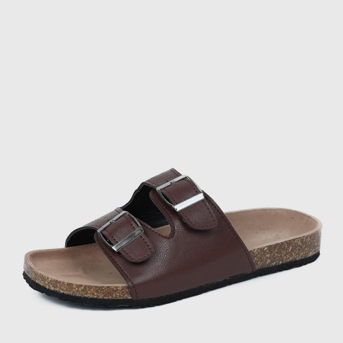 Trendy Double Breasted Flat Mule Slipper For Women - Brown image
