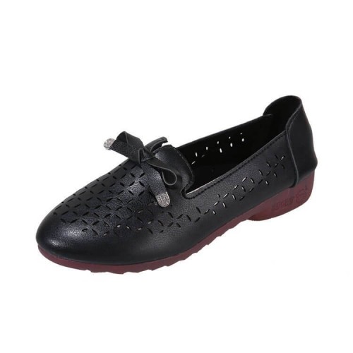 Breathable High Quality Hollow Bow Tie Flat Shoes - Black image