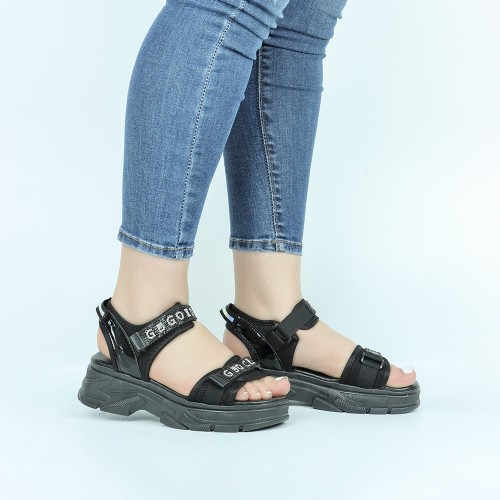 Velcro Closing Thick Soled Wedge Sports Sandals - Black | Image