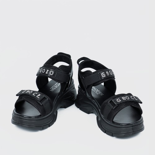 Velcro Closing Thick Soled Wedge Sports Sandals - Black | Image