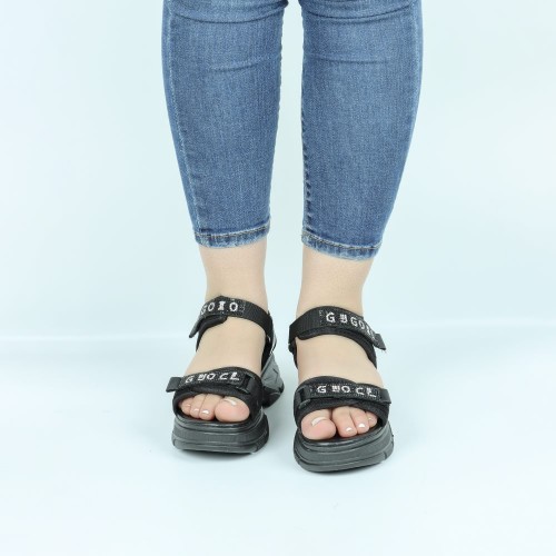 Velcro Closing Thick Soled Wedge Sports Sandals - Black | Image