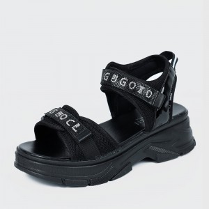 Velcro Closing Thick Soled Wedge Sports Sandals - Black