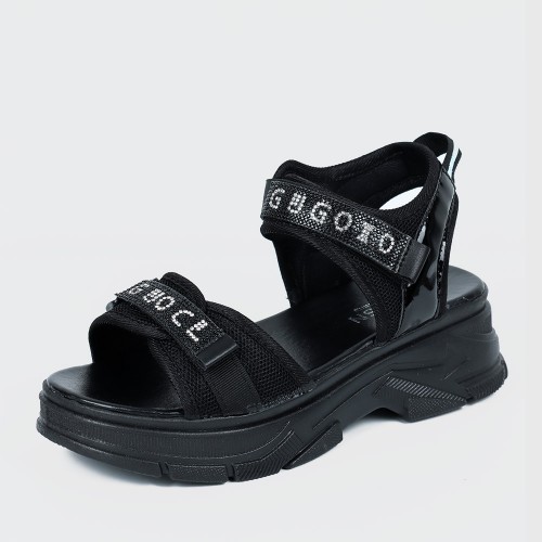 Velcro Closing Thick Soled Wedge Sports Sandals - Black | Image