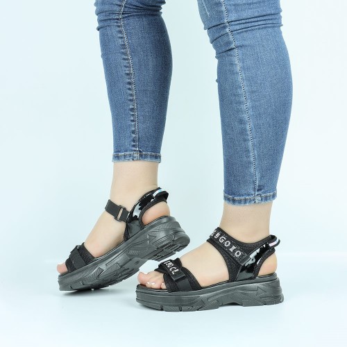 Velcro Closing Thick Soled Wedge Sports Sandals - Black | Image