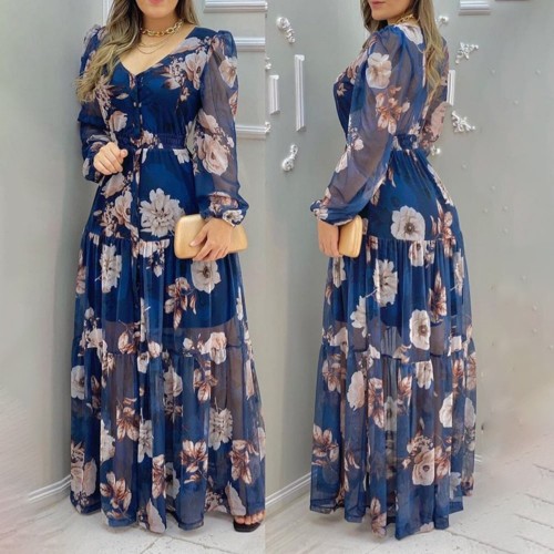 Floral Print Lantern Sleeve Women’s Fashion Maxi Dress - Blue image