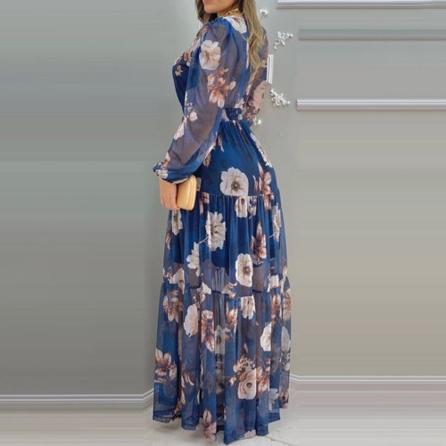 Floral Print Lantern Sleeve Women’s Fashion Maxi Dress - Blue image