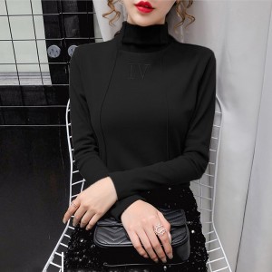High Neck Full Sleeved Sweet Shirt for Women - Black