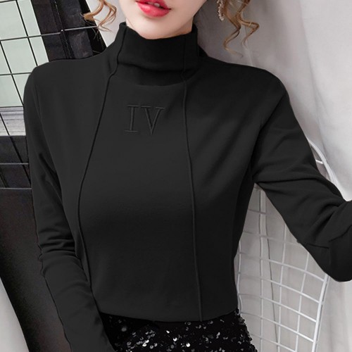 High Neck Full Sleeved Sweet Shirt for Women - Black image