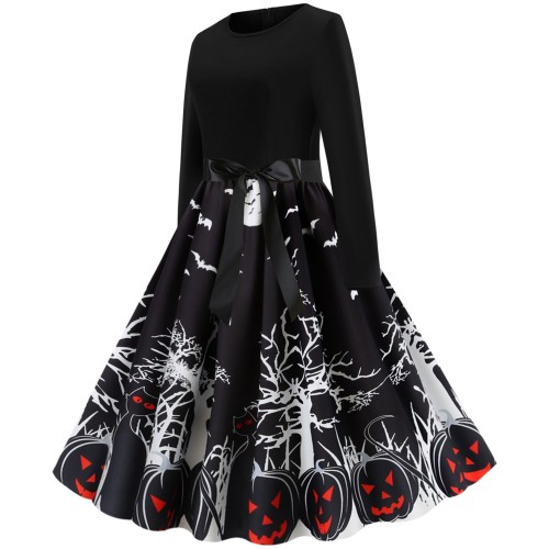 Classic Printed Women’s Long Sleeved Swing Midi Dress - Black image