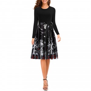 Classic Printed Women’s Long Sleeved Swing Midi Dress - Black