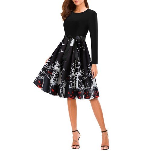 Classic Printed Women’s Long Sleeved Swing Midi Dress - Black image