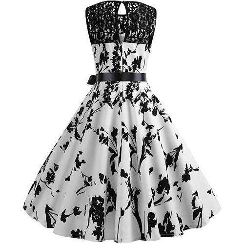 Vintage Fashion Women's Sleeveless Lace Splice Midi Dress - White image