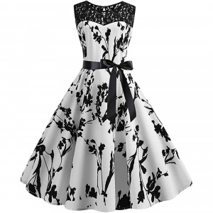 Vintage Fashion Women's Sleeveless Lace Splice Midi Dress - White