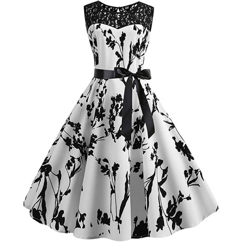 Vintage Fashion Women's Sleeveless Lace Splice Midi Dress - White image