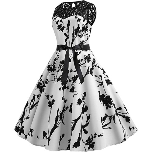 Vintage Fashion Women's Sleeveless Lace Splice Midi Dress - White image