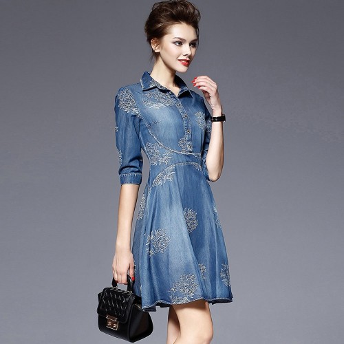 Elegant Embroidered Vintage Denim Dress for Women - Blue image