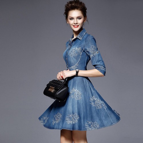 Elegant Embroidered Vintage Denim Dress for Women - Blue image