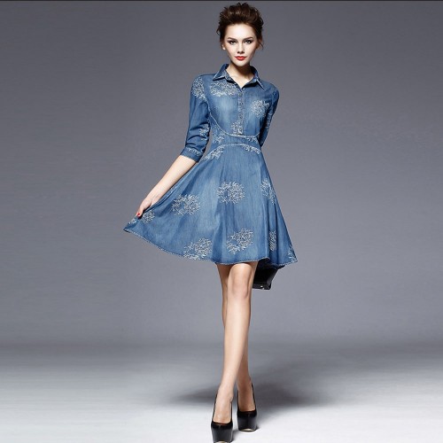 Elegant Embroidered Vintage Denim Dress for Women - Blue image