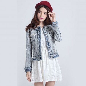 Round Collar Pearl Beaded Fashion Women Denim Jacket - Light Blue