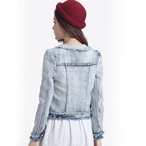 Round Collar Pearl Beaded Fashion Women Denim Jacket - Light Blue image
